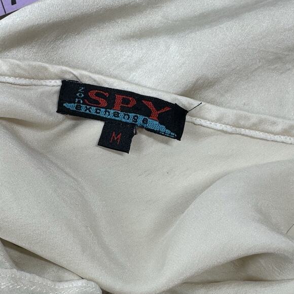 Y2K 2000s Cream Silk Babydoll Top Sz M Splatter Rhinestone Embellished Lace Trim - Picture 5 of 5